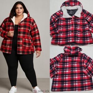 Steve Madden Thick Red Plaid Fleece Sherpa Lined Plus Size Hooded Winter Coat 3X